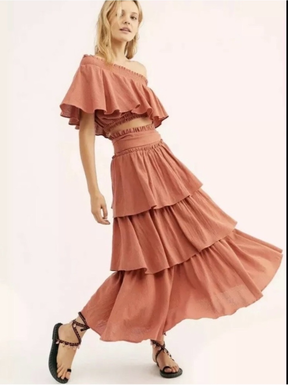 Free People Go For Drama Yellow Skirt One shoulder Crop Top set Sz Medium